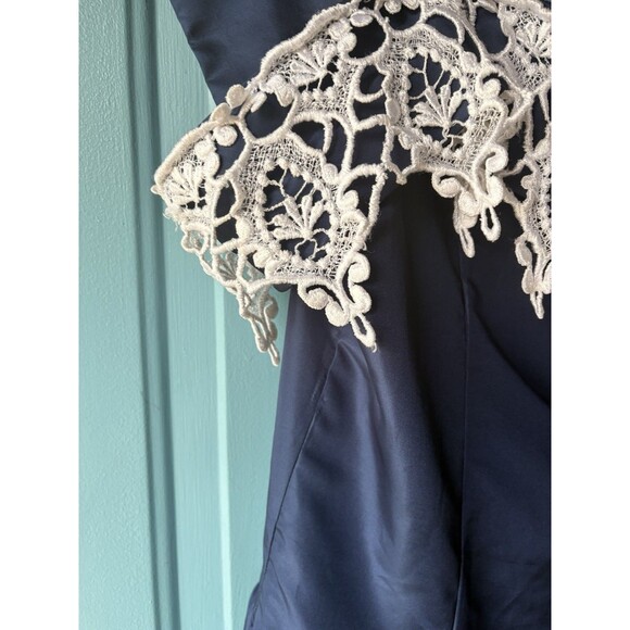VTG'80 ILGWU Prom Formal Navy Blue Satin Lace Dress /Puffs Sleeves /Bows Size 40 - Picture 11 of 16